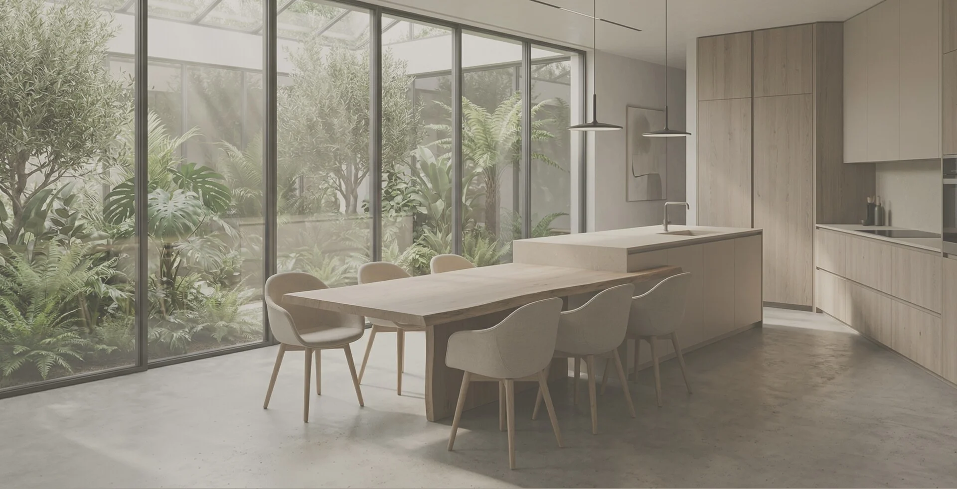 Cozinha luminosa com jardim interior e conforto inspirado na natureza