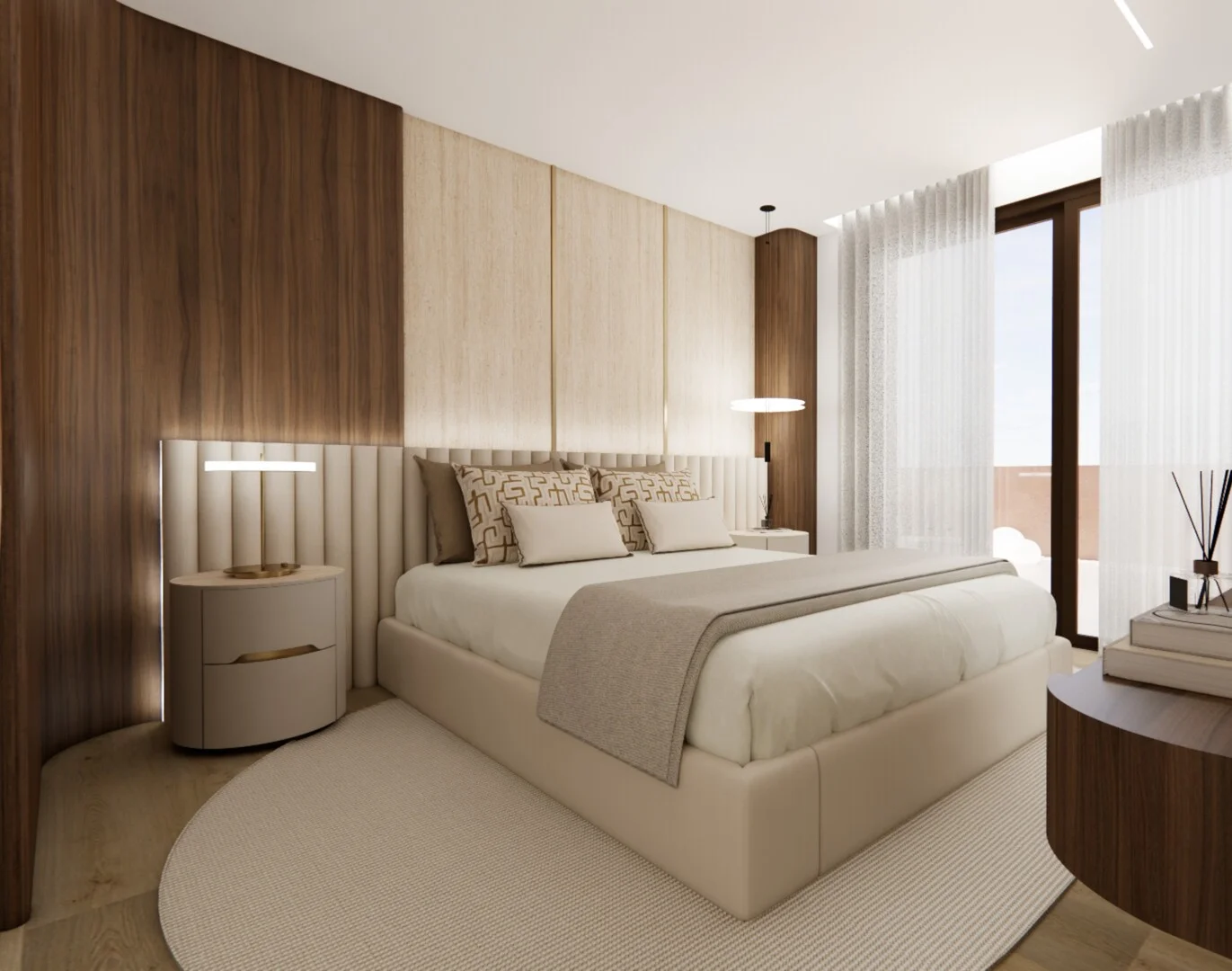 Quarto contemporâneo em tons naturais com madeira e iluminação suave