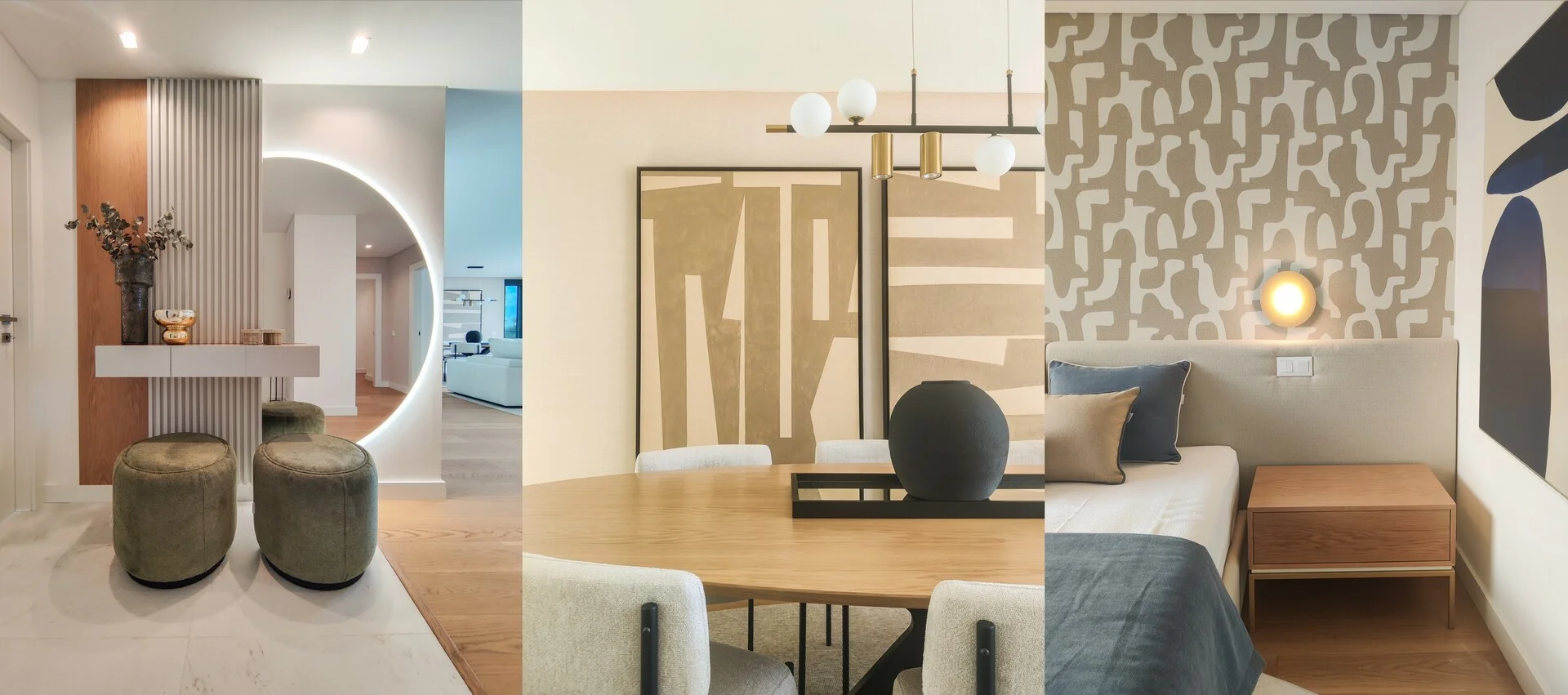 Composição de interiores residenciais com entrada, sala de jantar e quarto